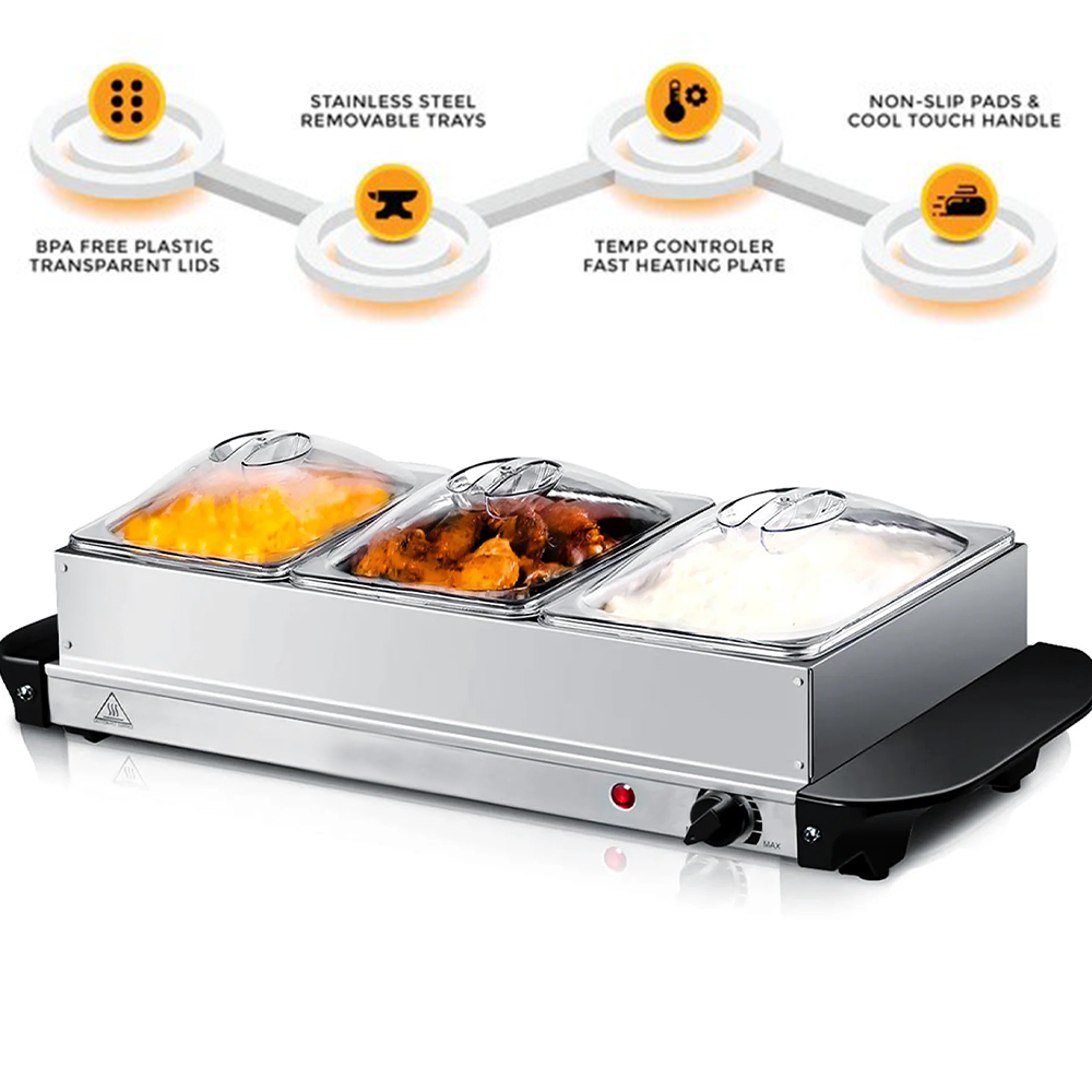 Dual-function electric buffet server with three 2.1L trays and stainless steel base, perfect for keeping food warm and serving at large events.