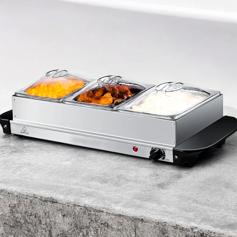 Electric buffet warmer that doubles as a warming plate for plates, bowls, or serving dishes during meals.