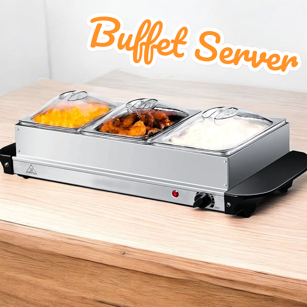 High-quality stainless steel buffet server with three 2.1L trays to accommodate more food for large parties.