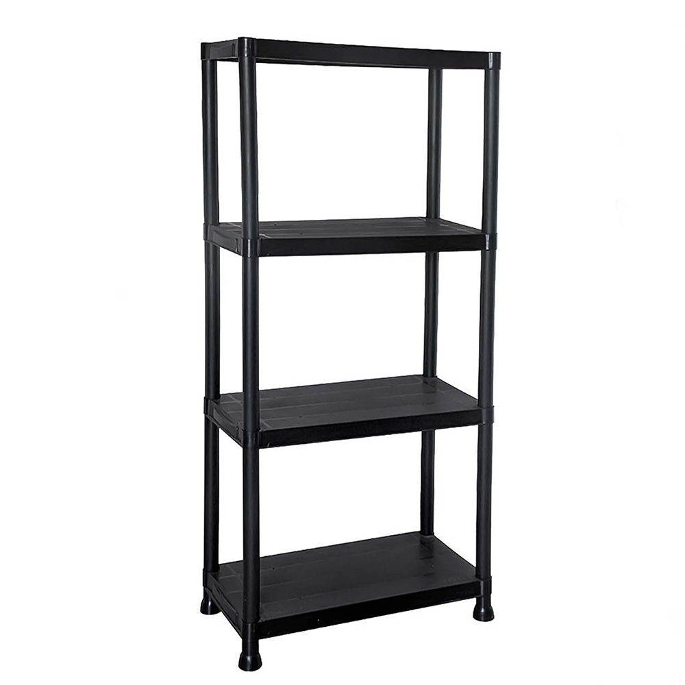 4-tier plastic racking shelves for efficient storage, perfect for organizing home and office spaces in the UK