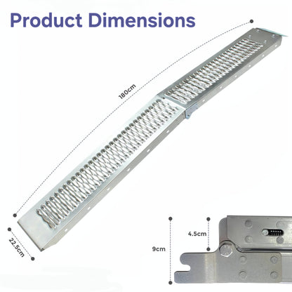 Heavy-duty loading ramps for lawnmowers, quad bikes, and motorcycles with non-slip surface, UK.