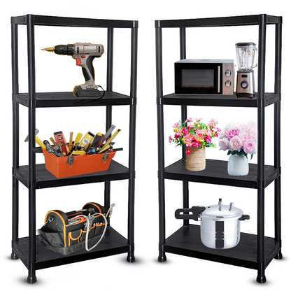 Plastic racking shelves with four tiers, ideal for adding more storage space in the UK